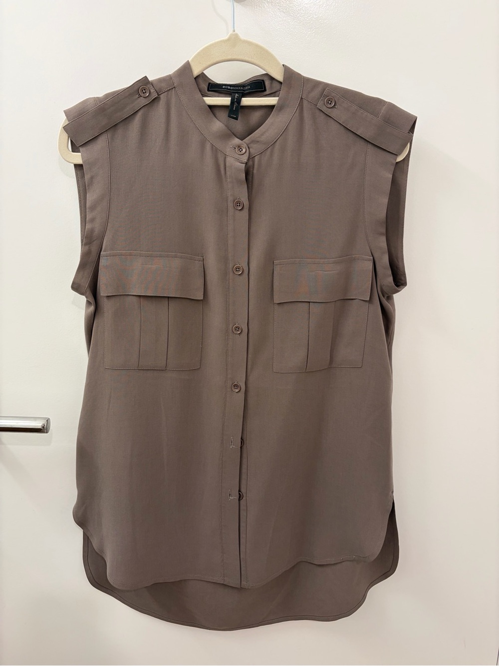 BCBGMaxAzria Sleeveless Utility Blouse in Taupe Brown